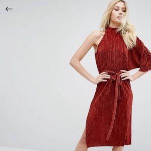 ASOS one sleeve dress, rust pleated